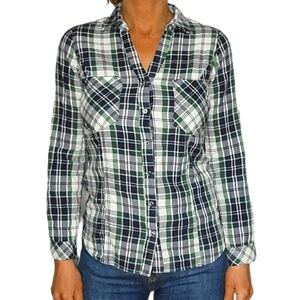 Skies Are Blue Cotton Long Sleeve Blue Green Plaid Flannel Button up Shirt